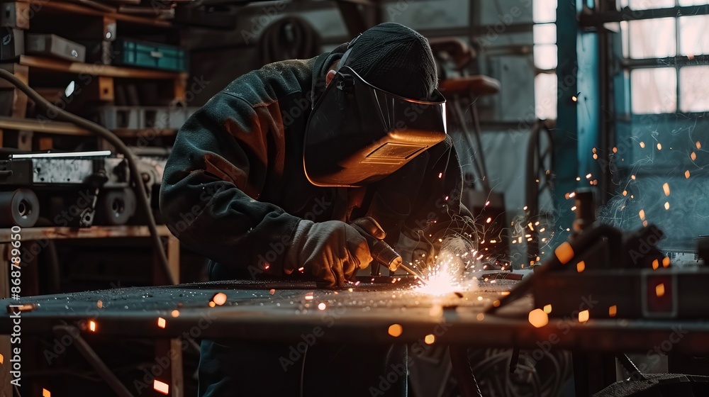 Man working with metal product and welding machine in workshop Industrial manufacturing scene with welding metal parts and orange sparks Man working with metal product and welding machine in workshop Industrial manufacturing scene with welding metal parts and orange sparks