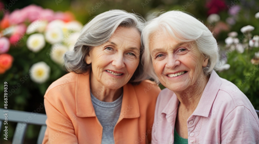 Close up portrait of two senior women sitting on the bench in garden surrounded with spring flowers in bloom, Mature female friendship which lasts year after year.