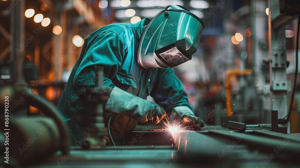 Metal worker wearing protective workwear while welding metal at a factory emphasizing industrial safety and manufacturing processes Metal worker wearing protective workwear while welding metal at a factory emphasizing industrial safety and manufacturing processes