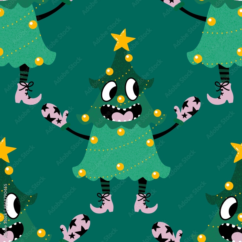 Naklejka premium Cartoon Christmas tree seamless pattern for wrapping paper and fabrics