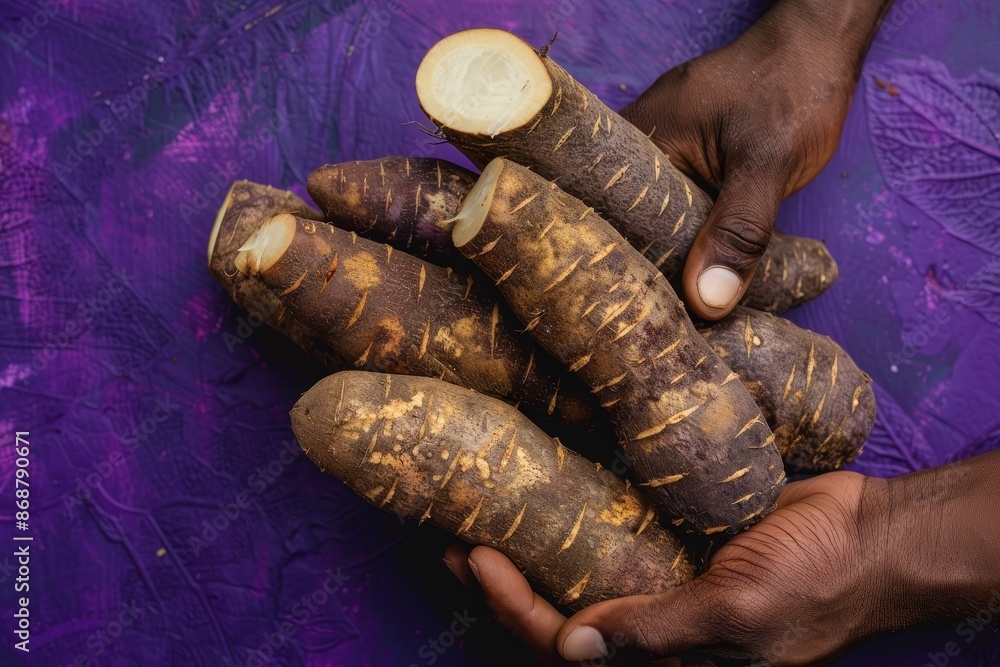 Organic cassava on purple background hand table Organic cassava on purple background hand table
