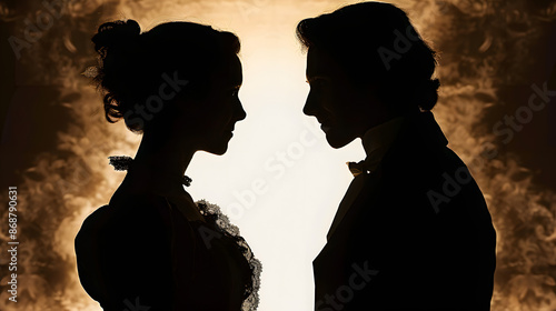 Silhouette profile portrait of victorian woman and man facing each other. Young couple eye to eye in historical clothing illustration 