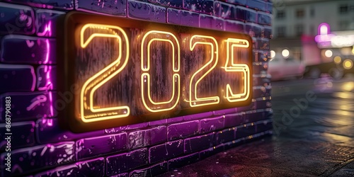 "2025" new year concept in purple and gold neon style