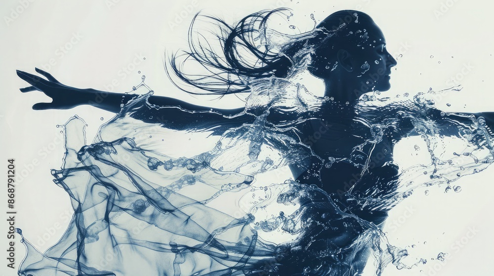 Silhouette of a dancer with flowing water, creating a graceful and dynamic double exposure effect Silhouette of a dancer with flowing water, creating a graceful and dynamic double exposure effect