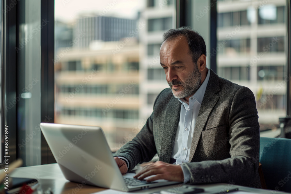 Middle aged business man in Modern Office Space during daytime working, in New York. Middle aged business man in Modern Office Space during daytime working, in New York.