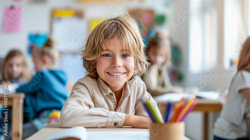 White boy with blond hair widely smiles to camera in a classroom surrounded by classmates. Happy school years, friendly education, learning, back to school concept. photo