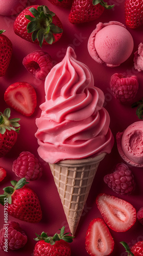 A close-up image featuring a pink ice cream cone surrounded by fresh strawberries and raspberries on a deep red background