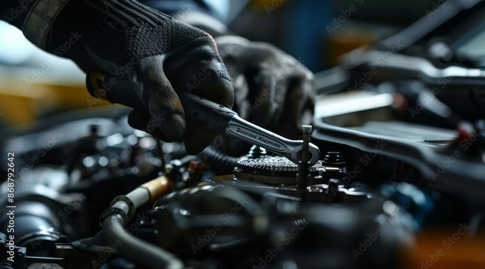 Fototapeta premium Mechanic using a wrench to fix a car engine in a garage workshop