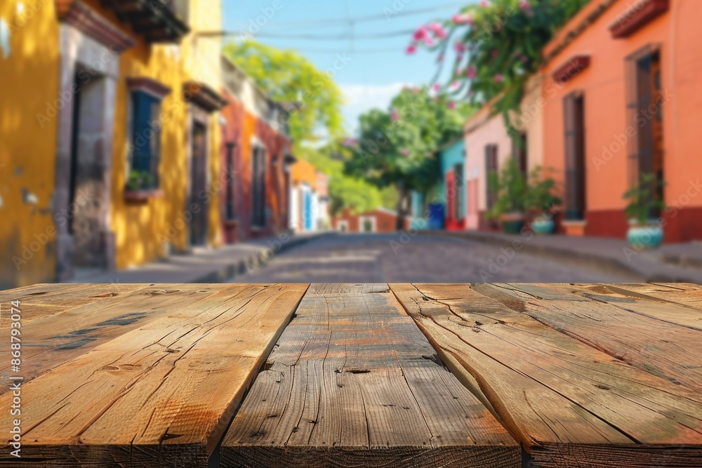 Fototapeta premium Wooden Table Outside Colorful Building