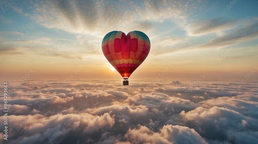Obraz premium Hot air balloon ride above the clouds at sunset. AI.