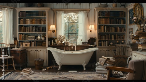 A clawfoot bathtub sits in a cozy bathroom with a large window and bookshelves filled with books. AI.