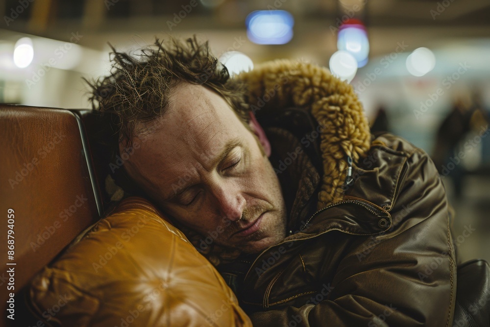Obraz premium A man is sleeping on a couch in an airport. AI.