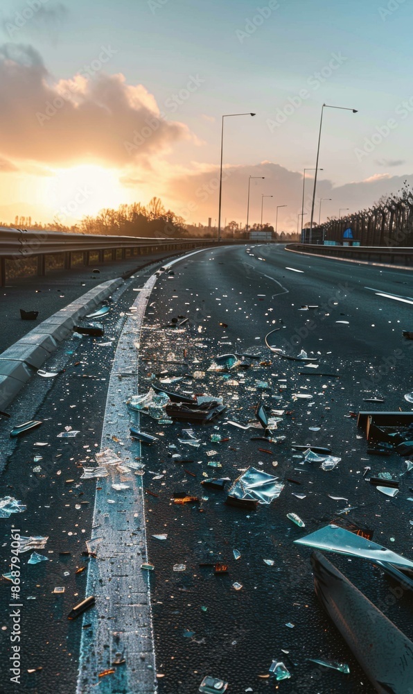 Broken glass and debris scattered on the road after a car accident. AI. Broken glass and debris scattered on the road after a car accident. AI.