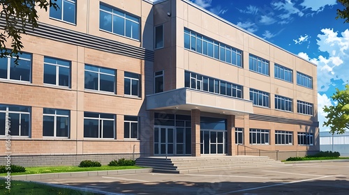 modern school building made with many windows for back to school background