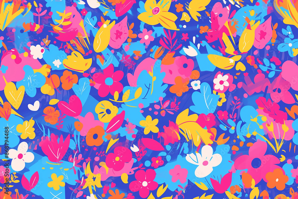 A colorful and vibrant seamless pattern with various flowers and leaves on a dark blue background, perfect for a lively and energetic design. A colorful and vibrant seamless pattern with various flowers and leaves on a dark blue background, perfect for a lively and energetic design.