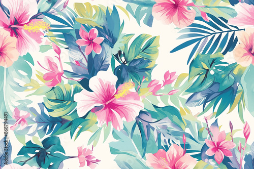 A vibrant seamless pattern featuring pink hibiscus flowers and lush tropical leaves. The watercolor style enhances the lively and exotic feel.