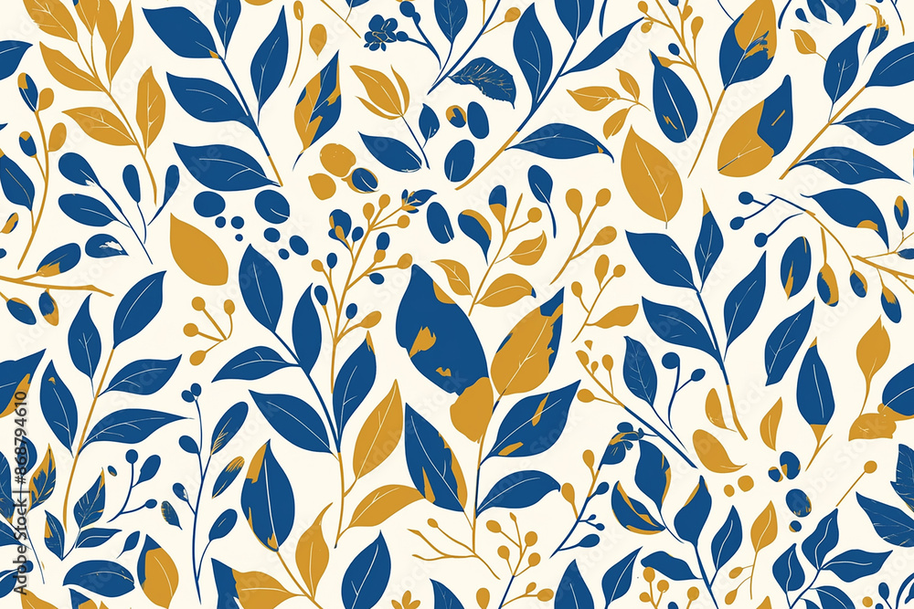 Blue and yellow leaf pattern with various leaves and branches on a light background, creating a vibrant, seamless design. Blue and yellow leaf pattern with various leaves and branches on a light background, creating a vibrant, seamless design.