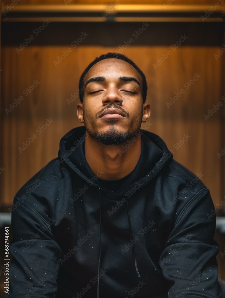 Obraz premium Portrait of a young man with his eyes closed and a peaceful expression on his face. AI.