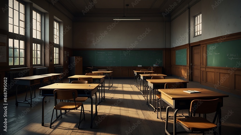 Empty classroom with desks, chalkboard, and windows. Concept of education, school, learning, and teaching. Empty classroom with desks, chalkboard, and windows. Concept of education, school, learning, and teaching.