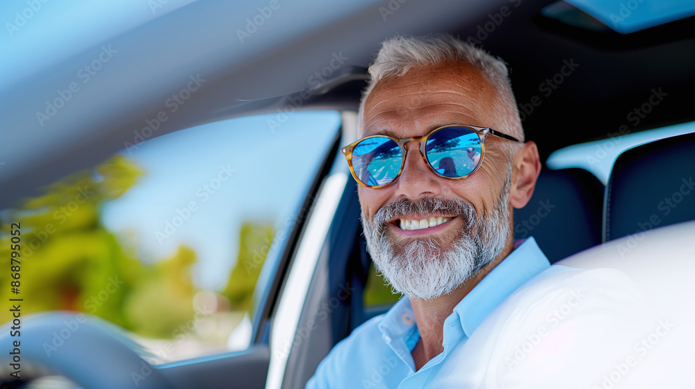 Naklejka premium middle-aged caucasian happy male uber driver in summer