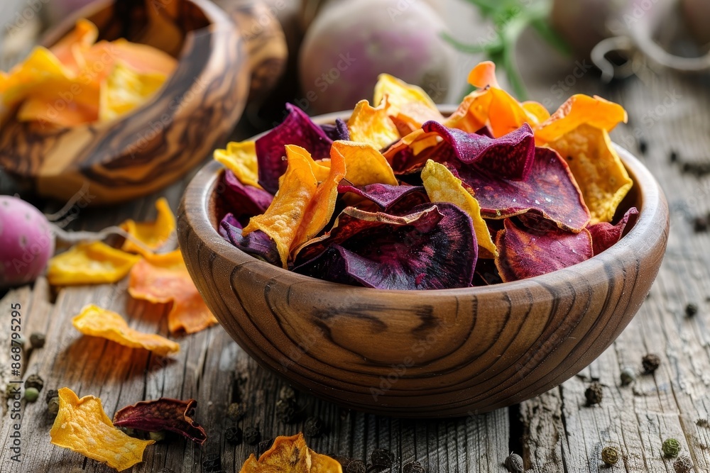 Organic vegetable chips in wooden bowl