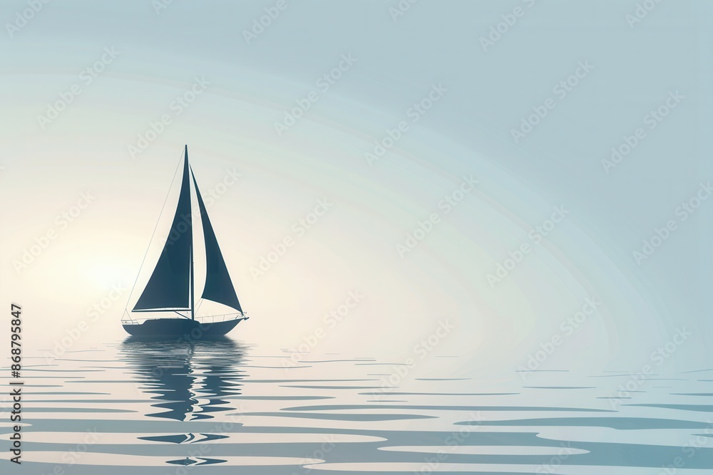 Obraz premium A minimalist silhouette of a sailboat on a calm ocean with a soft, sunset sky. Generative AI