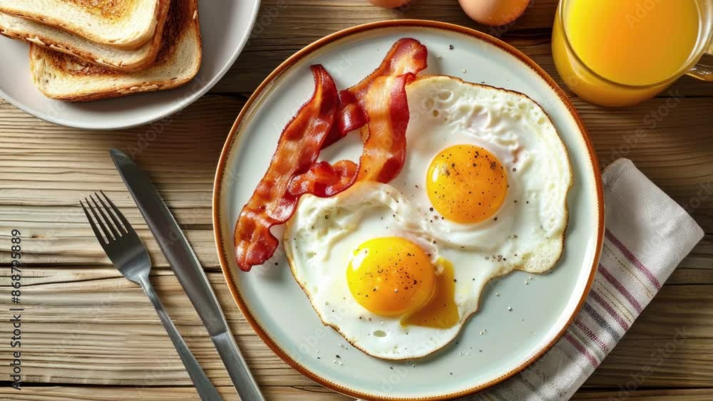 Delicious Plate of Fried Egg and Bacon on a wooden Table Delicious Plate of Fried Egg and Bacon on a wooden Table