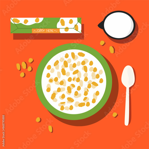 Bowls of breakfast cereal corn flake. Vector illustration