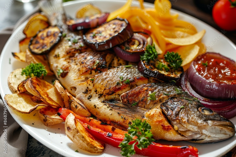 Roasted fish with veggies sauces and chips Roasted fish with veggies sauces and chips