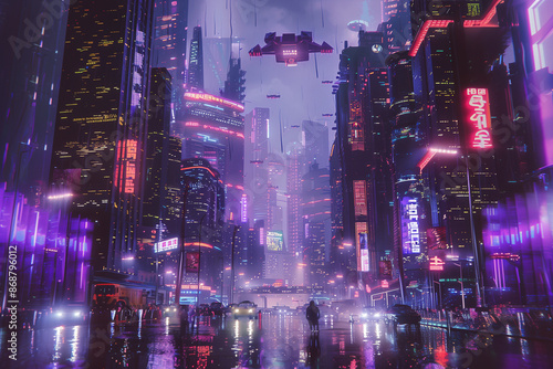 cyberpunk city, towering skyscrapers, neon lights, futuristic flying vehicles zooming overhead, gritty and dystopian atmosphere,  harsh neon lighting, amidst perpetual nightfall