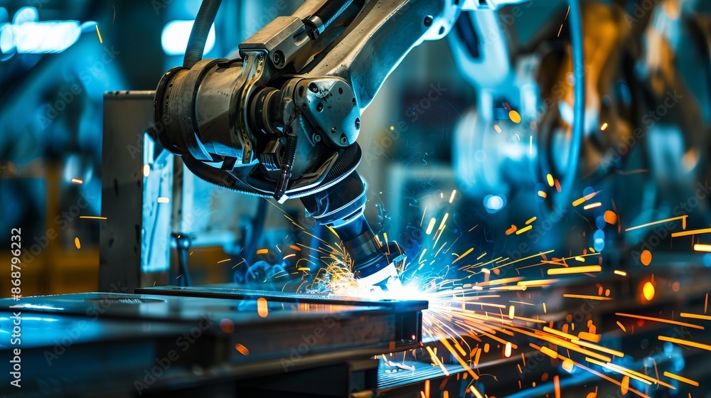 Welding arm in action on an automobile production line welding parts as part of the manufacturing process Illustrates industrial automation and automotive assembly Welding arm in action on an automobile production line welding parts as part of the manufacturing process Illustrates industrial automation and automotive assembly