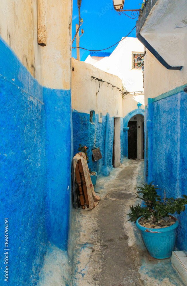 Blue and white walls of the Rabat Medina houses in the narrow streets, Morocco Blue and white walls of the Rabat Medina houses in the narrow streets, Morocco