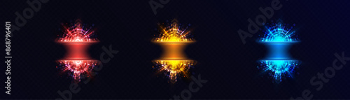 Neon teleportation portal, light aura in space. The bright light of a futuristic teleport. Magic gate in a fantasy game. Vector for web design and illustrations