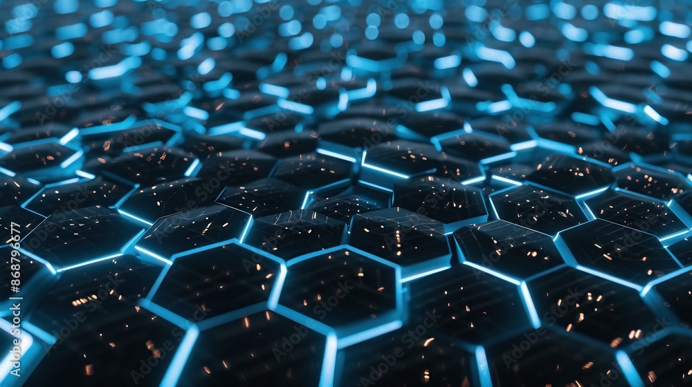 Futuristic hexagonal pattern with glowing blue lights creating a high-tech, digital abstract background, ideal for technology themes. Futuristic hexagonal pattern with glowing blue lights creating a high-tech, digital abstract background, ideal for technology themes.