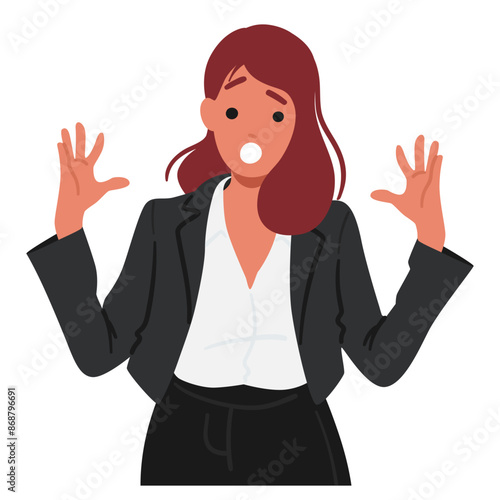 Cartoon Woman With A Shocked And Surprised Expression. Young Female Character In Business Attire With Hands Raised