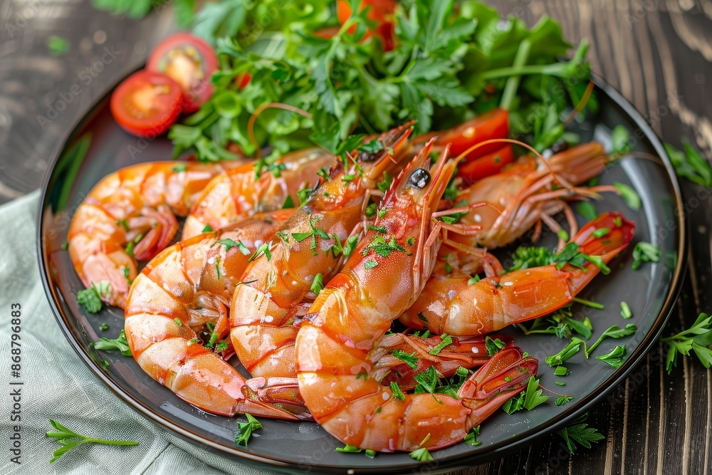 Sautéed prawns with herbs garlic and tomatoes on a dark wood background Top view Sautéed prawns with herbs garlic and tomatoes on a dark wood background Top view