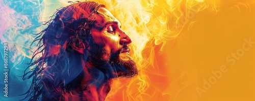 Jesus Christ. illustration of Jesus Christ on abstract colorful background with copy space, Generative AI