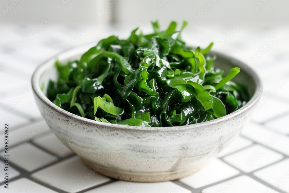 Seaweed salad in bowl on white table up close Seaweed salad in bowl on white table up close