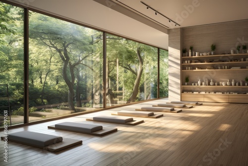 Modern yoga studio interior with large windows and a view of greenery © Maksim