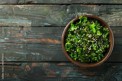 Seaweed salad in bowl on wooden table flat lay with text space photo