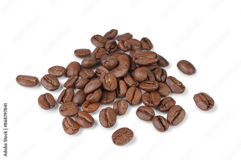 Pile, scattering of aromatic roasted arabica coffee beans close up, macro isolated on white, transparent background. Cut out design element Pile, scattering of aromatic roasted arabica coffee beans close up, macro isolated on white, transparent background. Cut out design element