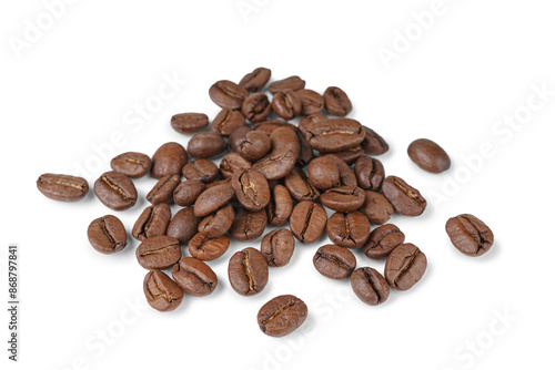 фотографія Pile, scattering of aromatic roasted arabica coffee beans close up, macro isolated on white, transparent  background