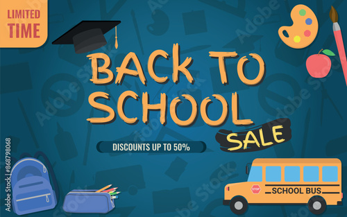 Back to School SALE, Layout and Logo - School Items around Logo with Graduation Cap on Blue School Itens Silhouettes Background. Limited Time, Discounts 50%, Rectangle Shape.