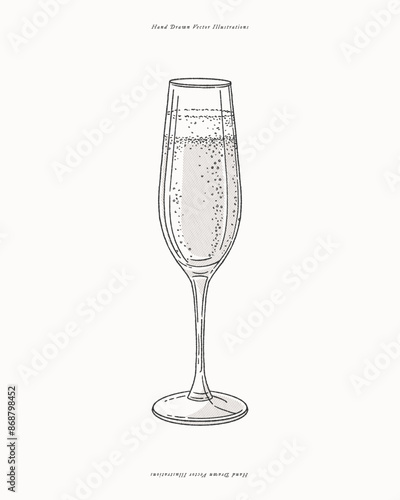 Champagne. Prosecco. Alcoholic sparkling drink in an elegant glass. Illustration for drinks cards, bar and wedding menus, cards and website graphics.