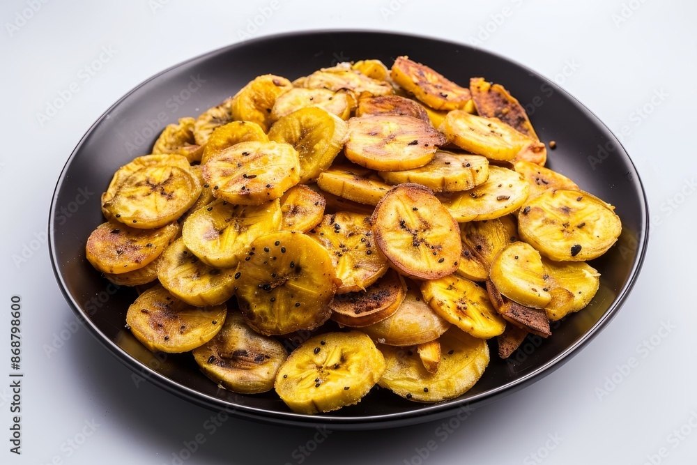 Sliced Kerala plantain chips served on a black plate with white background full size circle top view Sliced Kerala plantain chips served on a black plate with white background full size circle top view