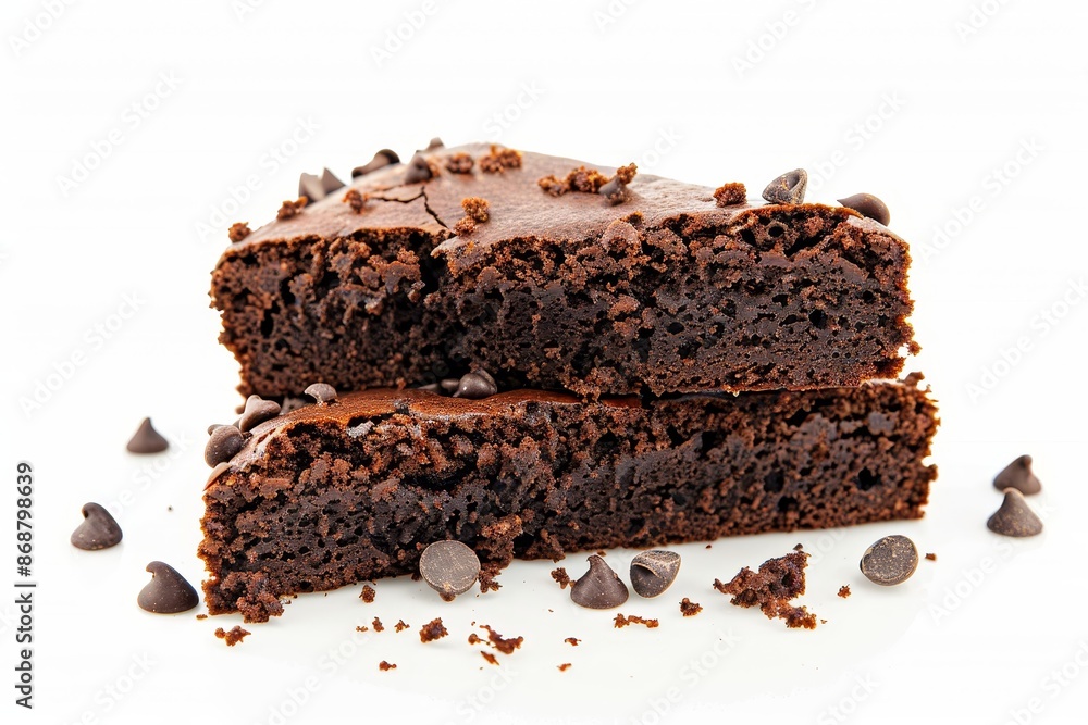 Slices of double chocolate cake with zucchini and chocolate chips on white background Slices of double chocolate cake with zucchini and chocolate chips on white background