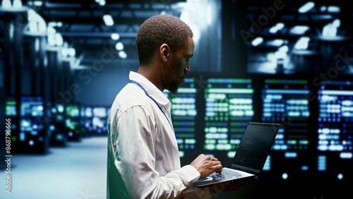 Photography Supervisor monitoring crypto mining supercomputers solving complex mathematical equations