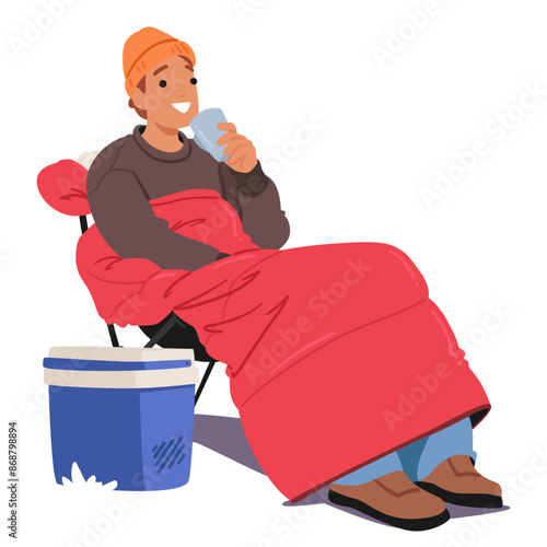 Cheerful Cartoon Man Character Sits In A Sleeping Bag, Enjoying A Drink. He Is Wearing A Beanie And Has A Cooler Beside