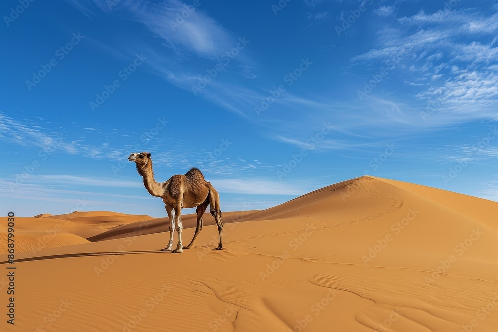 Solitary camel in the sandy desert with clear blue sky Solitary camel in the sandy desert with clear blue sky