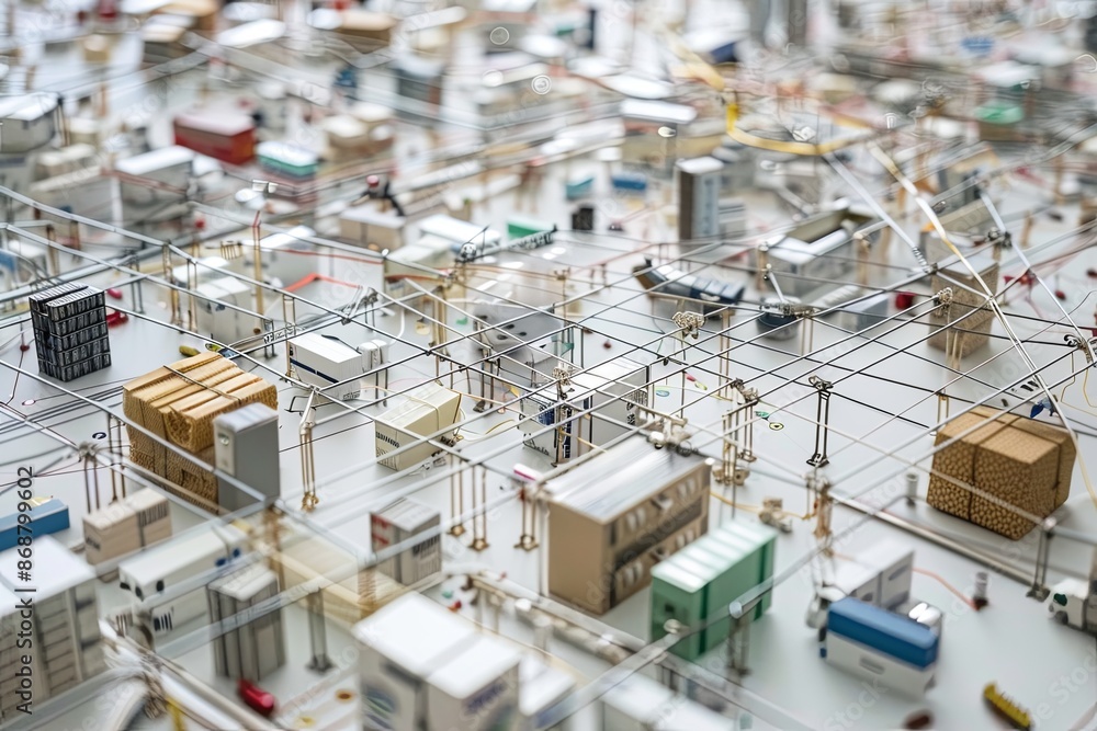 A close-up view of a miniature city model displaying a complex network of infrastructure with connecting wires and structures. Generative AI A close-up view of a miniature city model displaying a complex network of infrastructure with connecting wires and structures. Generative AI